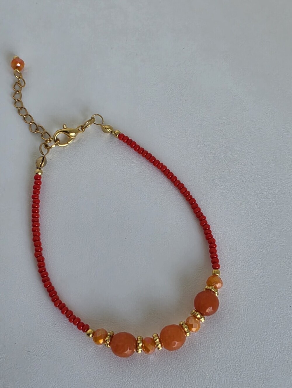 Orange Agate Beaded Bracelet Red Seed Beads Gold Plated Handmade 7"+2" - Picture 4 of 8